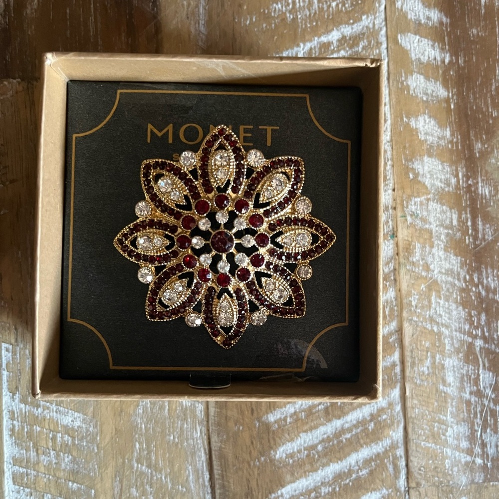 Monet Gold and Red Floral Brooch